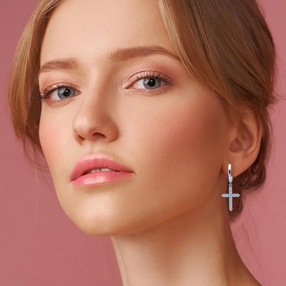 Certified 2mm Moissanite Diamond Cross Huggie Hoop Earrings NEW - Picture 2 of 10